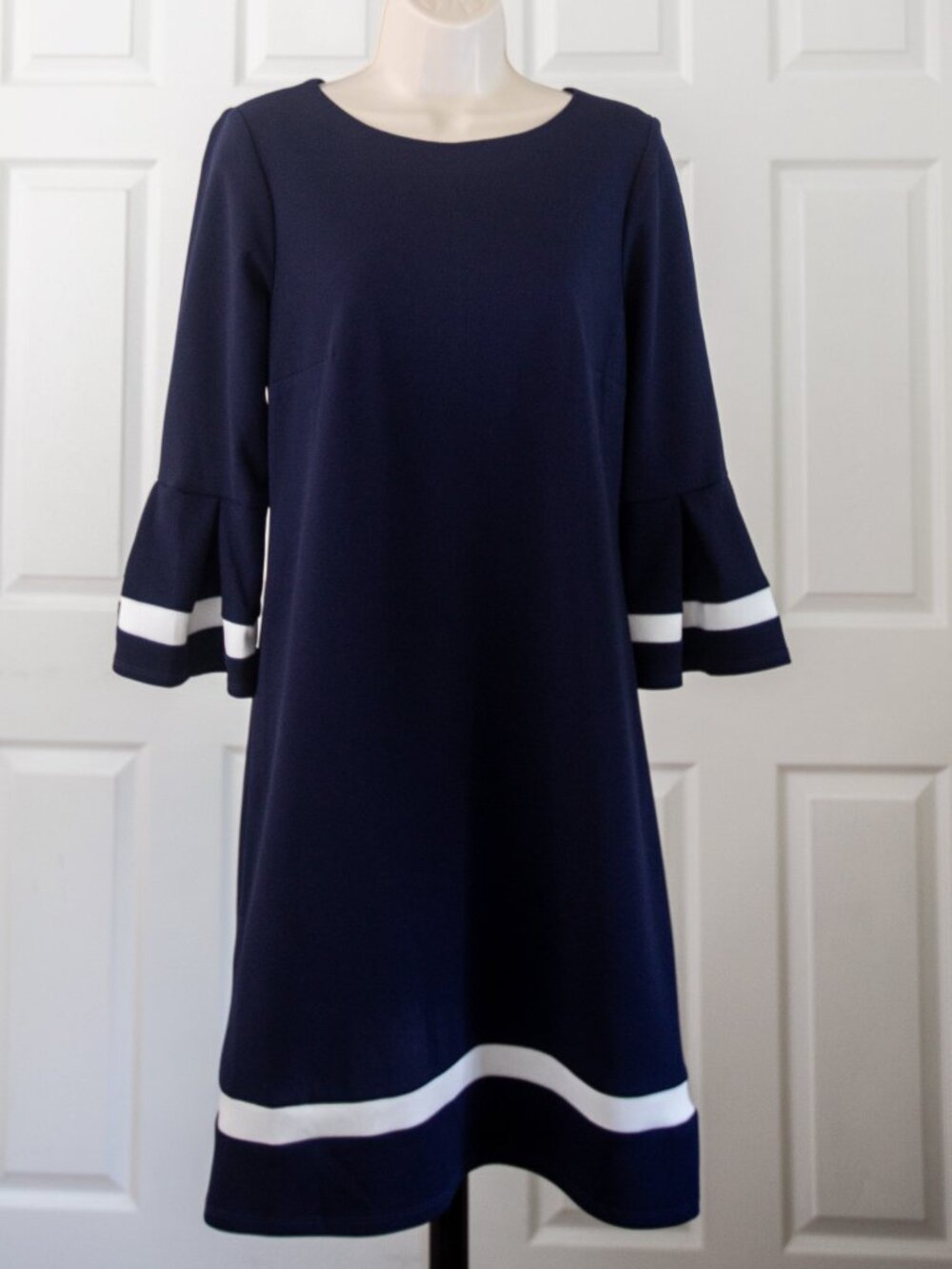Navy Dress with White Stripe Trim and Bell Sleeves
